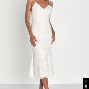 Lulu's White Lace Midi Dress with Spaghetti Straps